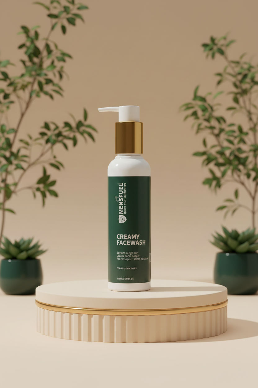 Mensfuel Creamy Facewash 150ml pump bottle on a beige podium surrounded by green plants