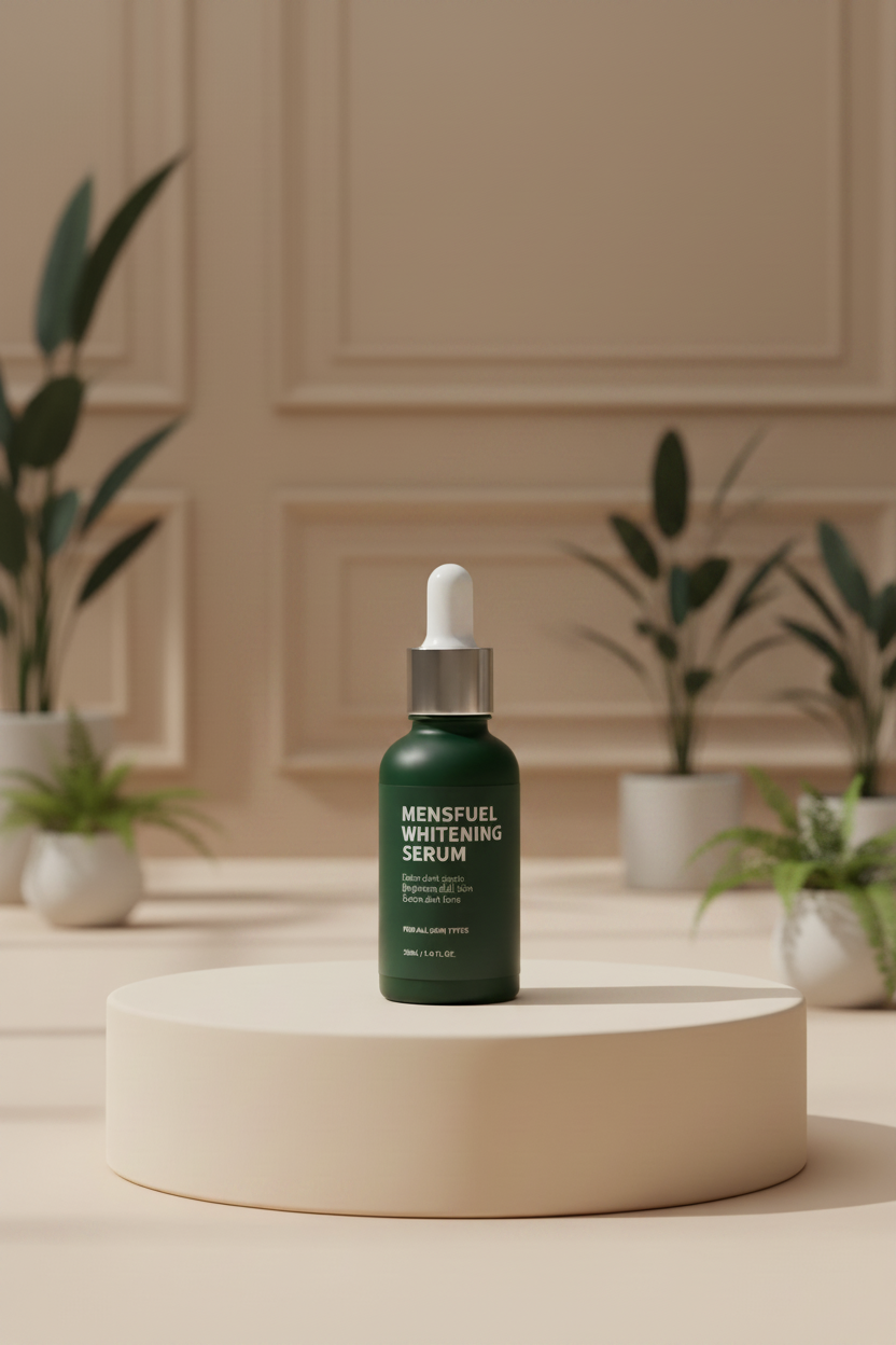 Mensfuel Whitening Serum 30ml dark green dropper bottle on a beige podium with plants in background